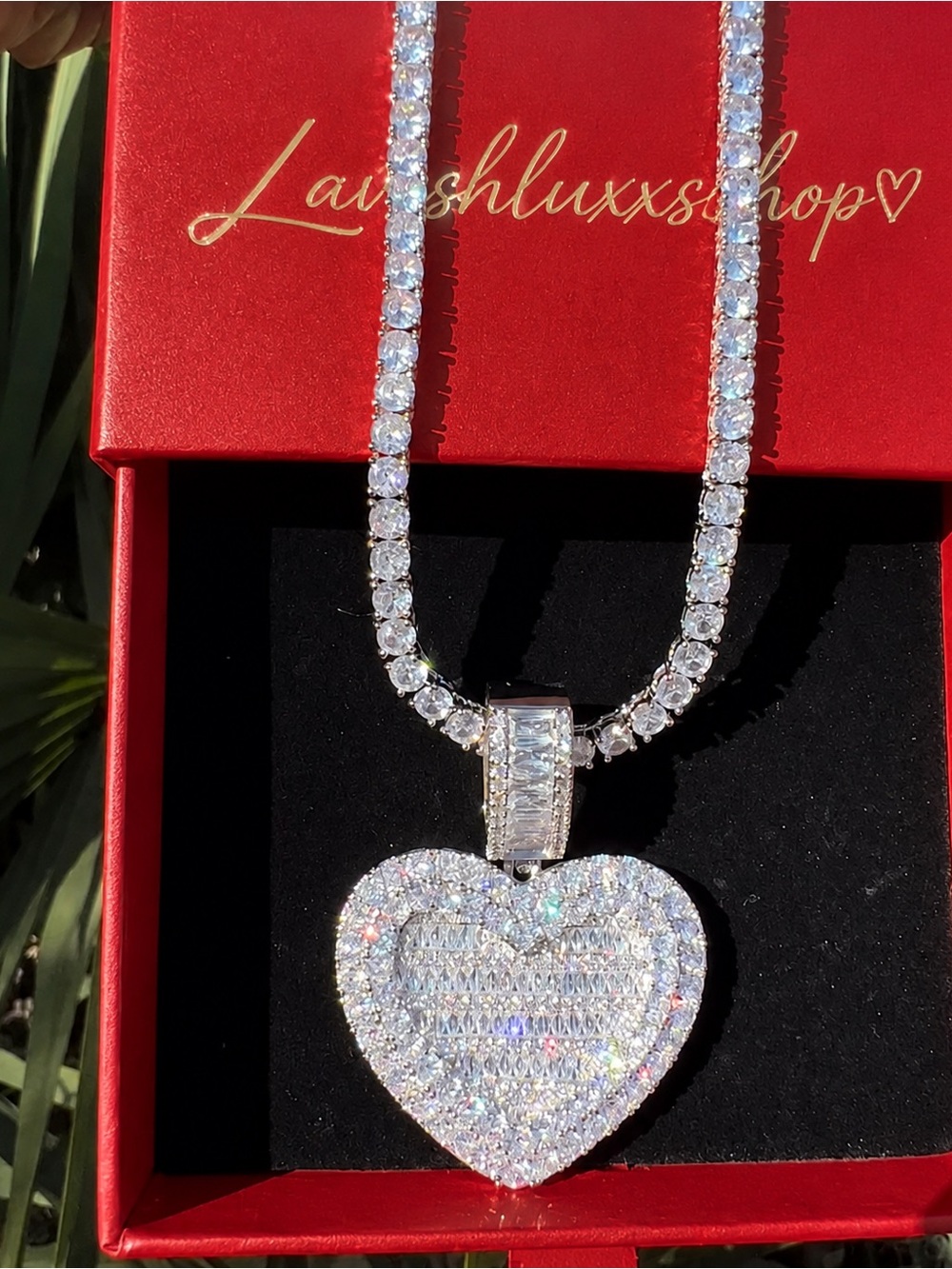 Sparkling Heart Pendant Tennis Necklace - White Crystal 16inch